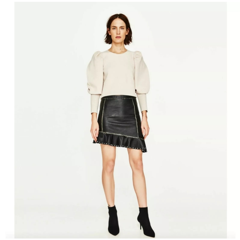 ZARA Studded High Rise Black Faux Leather Ruffle Asymmetric Mini Skirt Size XS